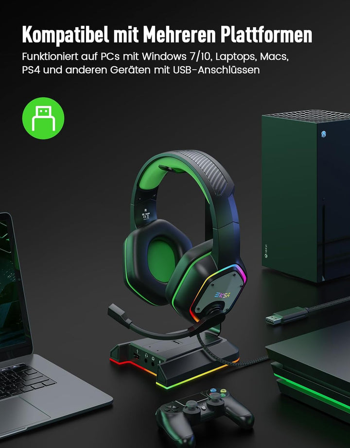 EKSA E1000 USB PC Gaming Headset mit Mikrofon, Gamer Headset mit Bass Surround Sound, RGB Beleuchtun
