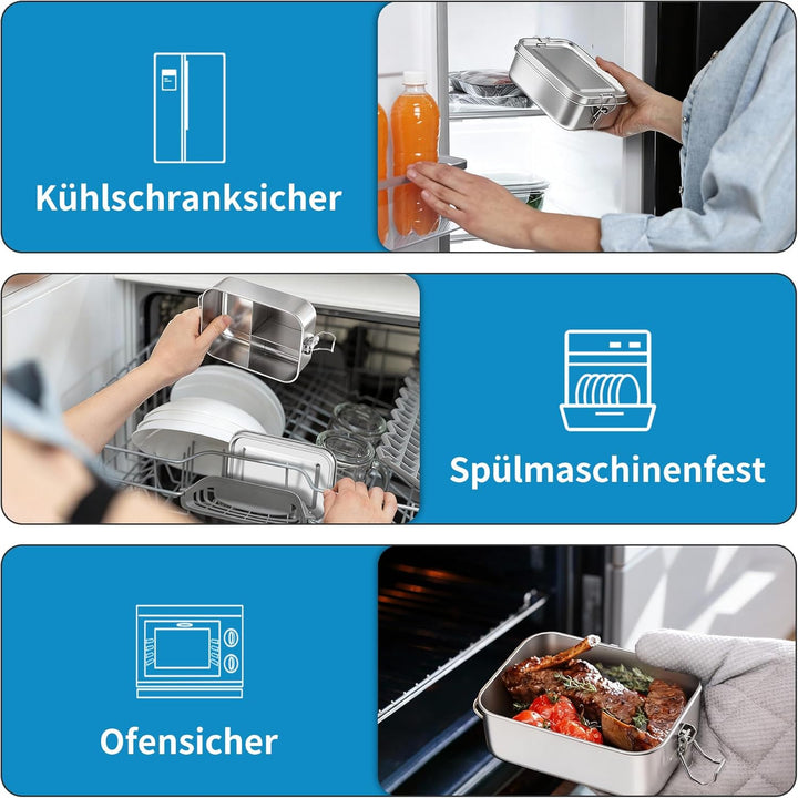 Onader Edelstahl Brotdose mit Fächern 2er Set, 850ml & 1400ml Bento Box Lunchbox mit Abnehmbar Trenn