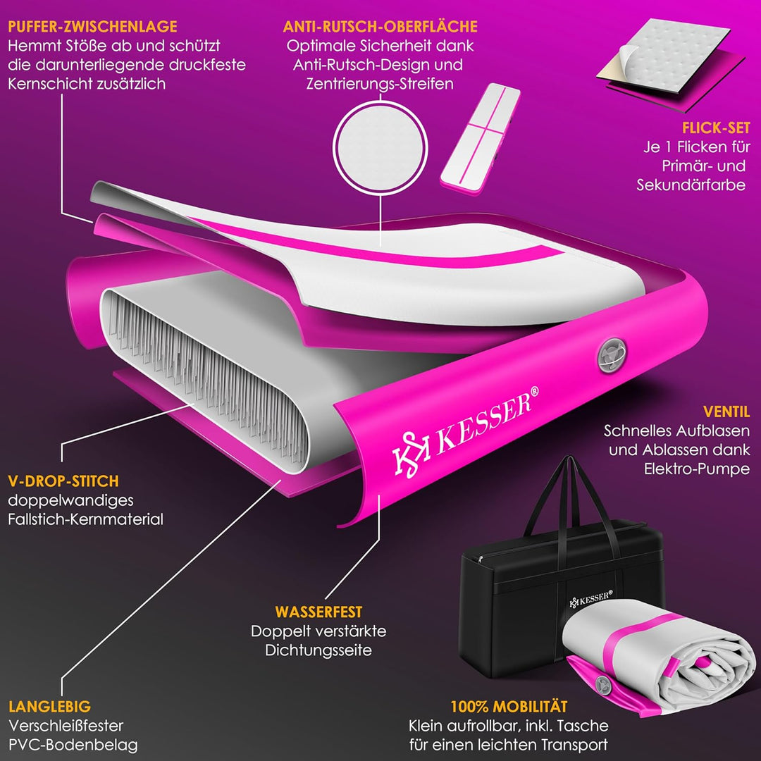KESSER® Turnmatte Aufblasbar Airtrack Fitness-Matte Gymnastikmatte | inkl. Tragetasche & elektr. Luf