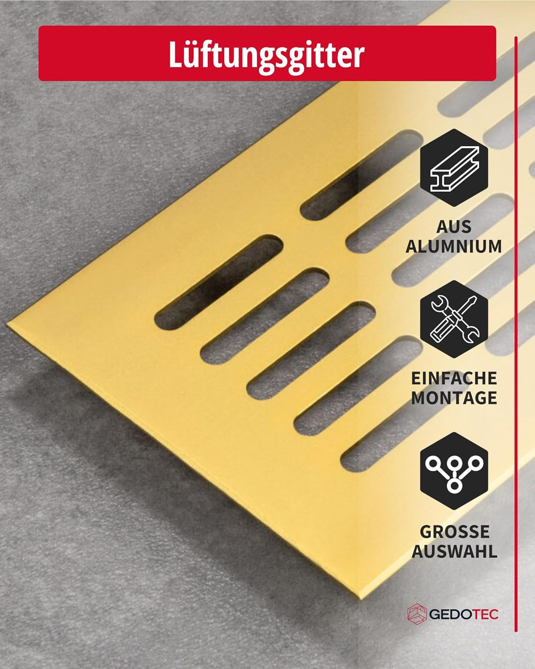 Gedotec Lüftungsgitter rechteckig aus Aluminium - 1 Stück Abluftgitter Messing eloxiert - Heizungsgi