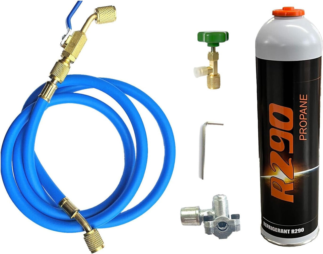 Füllset R290 Gasdose 370g + Ventil + Füllschlauch + Einstechventil BPV-31 für Klimaanlage, Wärmepump