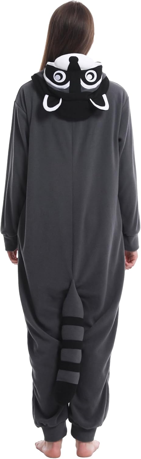 dressfan Unisex Waschbär Kostüm Tier Raccoon Onesie Pyjama Schlafanzug Jumpsuits Halloween Karneval