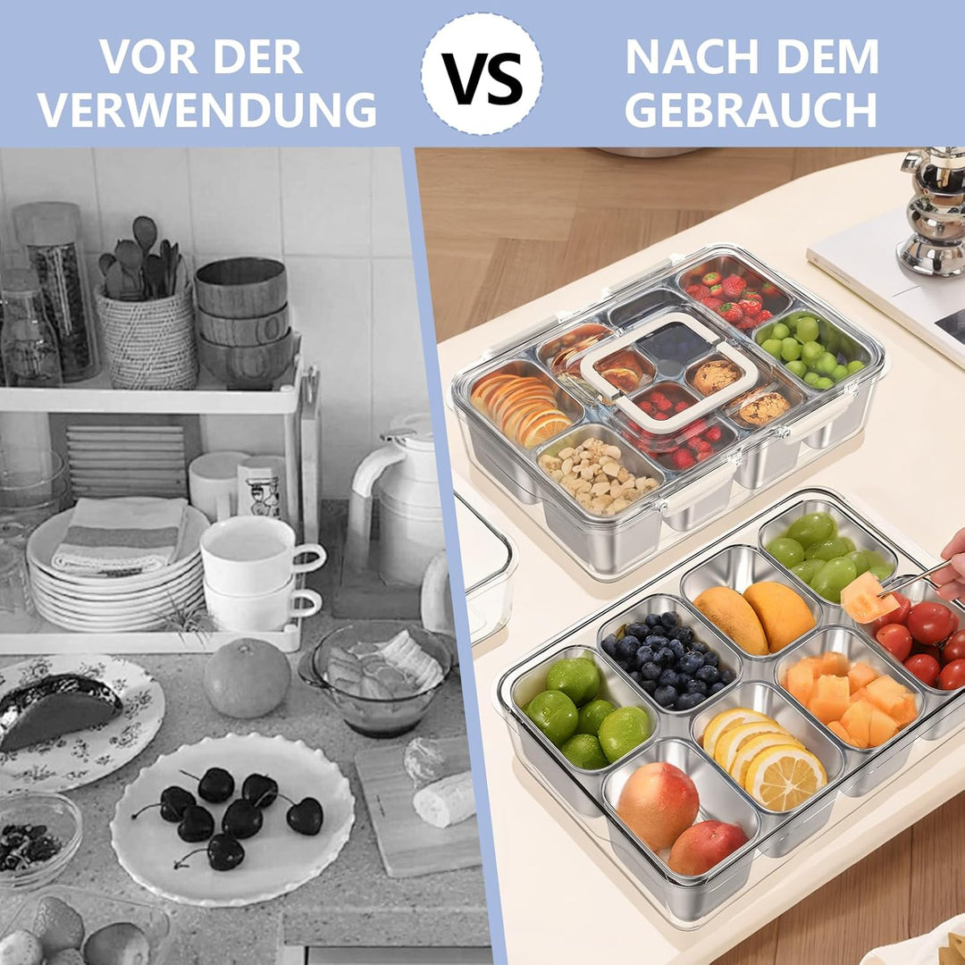 JINDUN Snackbox mit 8 Edelstahl Fächern, 2 Stück Snackteller mit Griff und Einzelnen Deckeln, Verhin