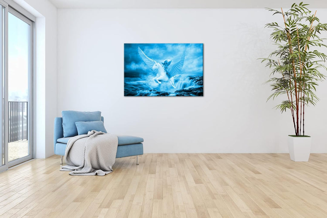 Frau auf dem edlen Pegasus Format: 80x60 Effekt: Monocrome Blau als Leinwand, Motiv fertig gerahmt a