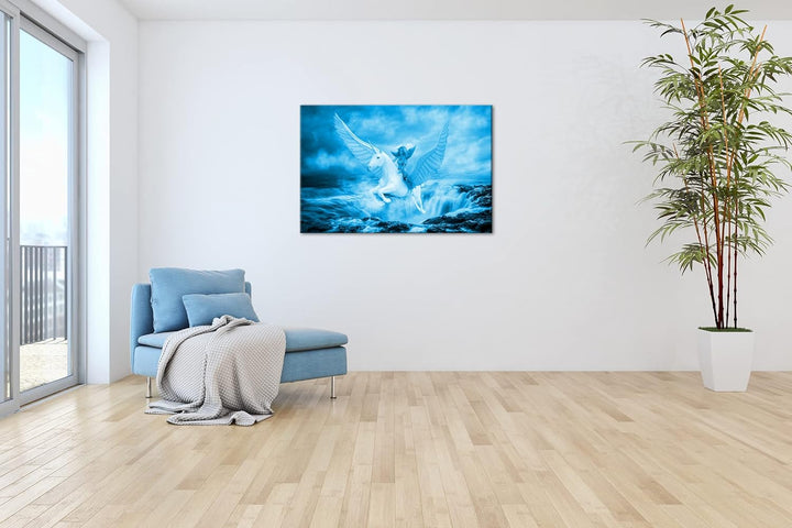 Frau auf dem edlen Pegasus Format: 80x60 Effekt: Monocrome Blau als Leinwand, Motiv fertig gerahmt a