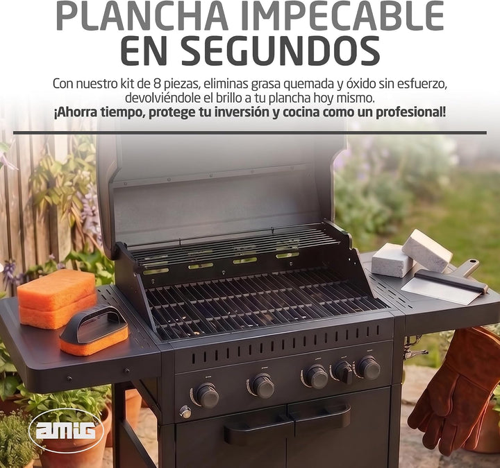 Amig - Kit 8 Reinigungszubehör für Grill AM22 - Schaber 23 cm + 3 Polyester-Schwämme + 1 PP-Schwamm