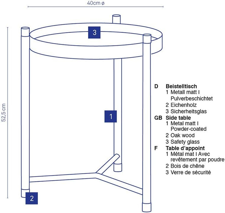 Kela Beistelltisch, Oak, Pulverbeschichtetes Metall mit Eichenholz und Glas, Ø 40 cm, 24266, Schwarz