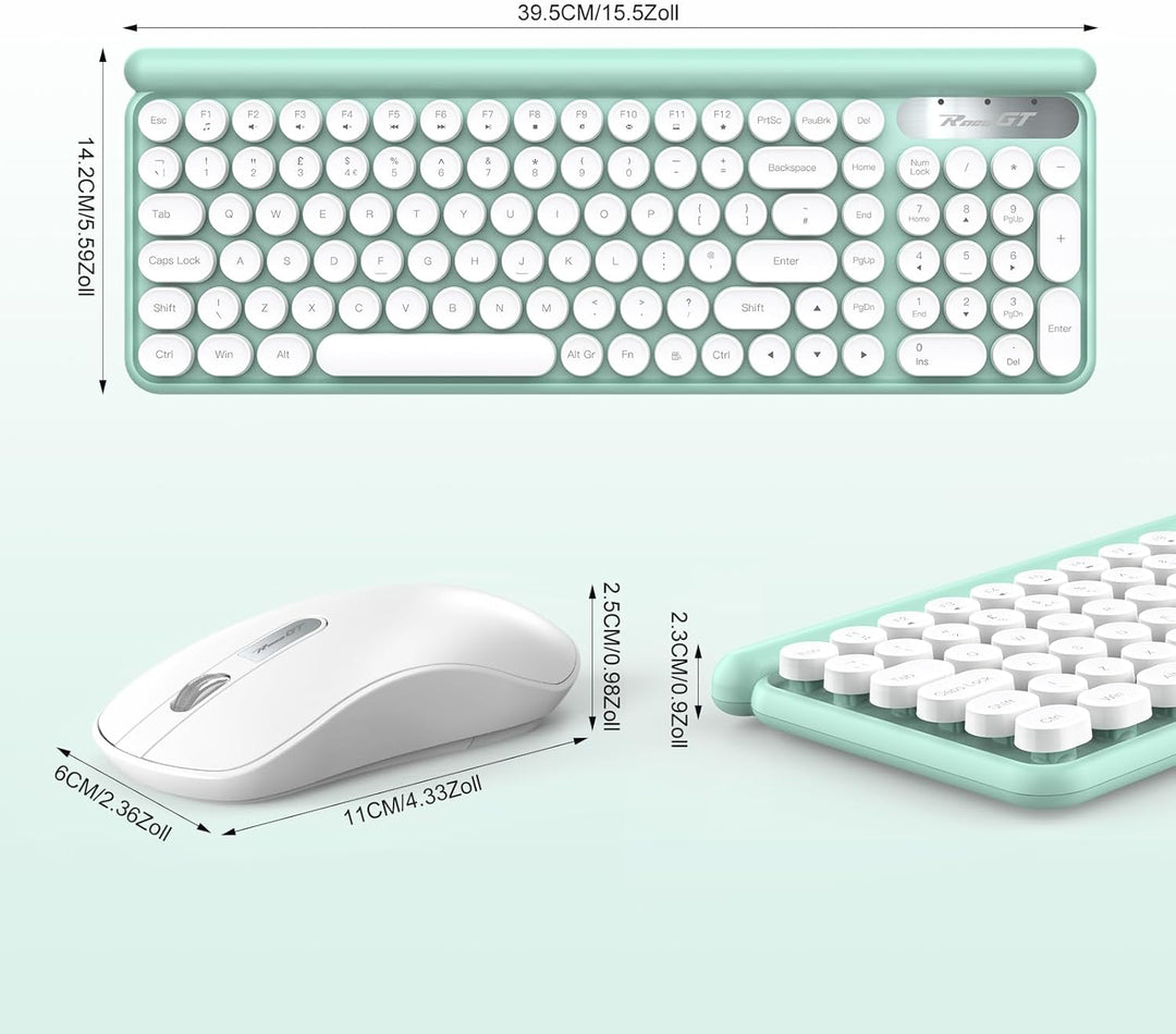 RaceGT Funk Tastatur Maus Set 2.4G Retro Rund QWERTZ Numblock Leise Kompakt Grün&amp;Weiss, Grün&amp;Weiss