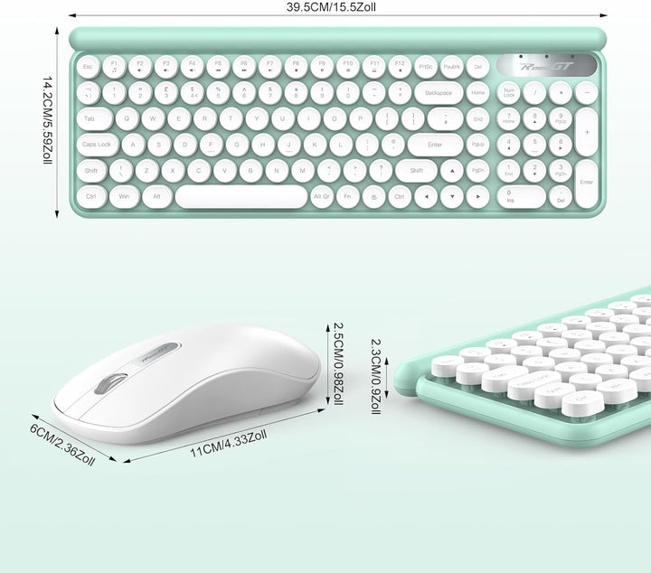 RaceGT Funk Tastatur Maus Set 2.4G Retro Rund QWERTZ Numblock Leise Kompakt Grün&amp;Weiss, Grün&amp;Weiss
