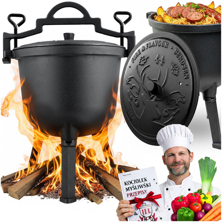 Berdsen Gusseisen Topf 11 L Dutch Oven - Feuertopf für Lagerfeuer und Grill - Gleichmässiges Garen -