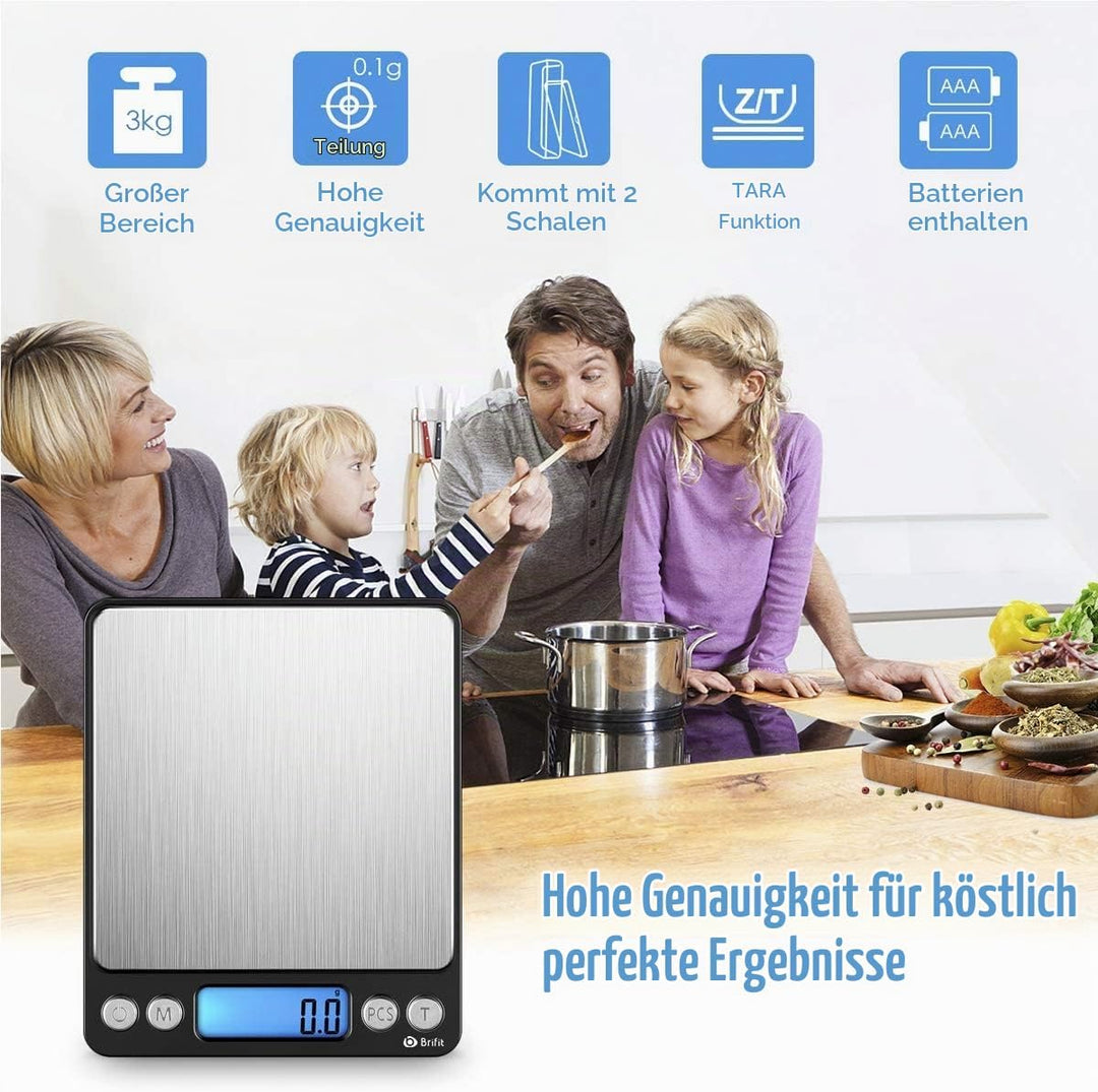 AMIR Digitale Küchenwaage 3kg, Electronische Waage, Hohe Präzision auf bis zu 0,1g, Briefwaage mit T
