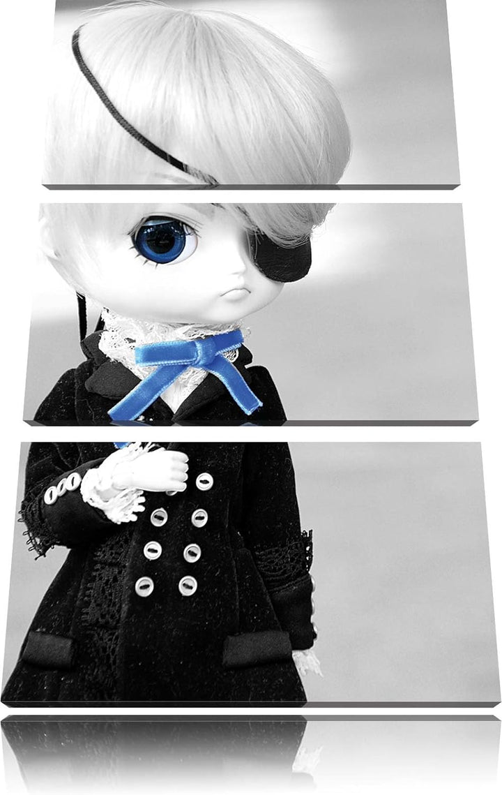 Pixxprint hübsche verwegene Pullip-Puppe mit Augenklappe schwarz/weiss 3-Teiler Leinwandbild 120x80