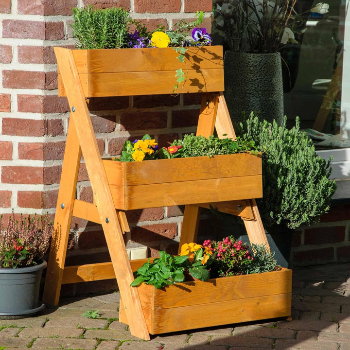 dobar® Dreistufige Pflanztreppe Outdoor aus Massiv-Holz für Balkon und Garten - Blumenbeet mit 3 Pfl