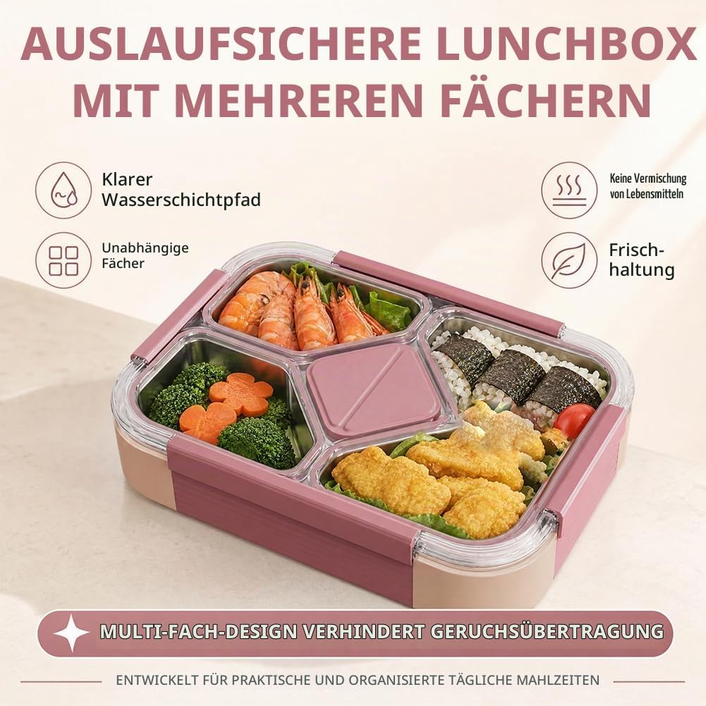 Edelstahl Brotdose 1020ml, Bento Lunchbox mit 4 Fächern