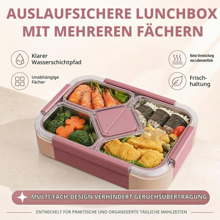Edelstahl Brotdose 1020ml, Bento Lunchbox mit 4 Fächern