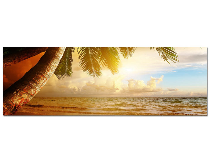 Paul Sinus Art Panoramabild auf Leinwand und Keilrahmen 150x50cm Karibik Strand Meer Palmen Sonnenau