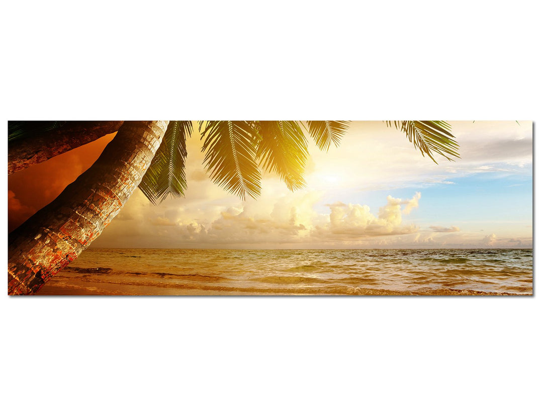 Paul Sinus Art Panoramabild auf Leinwand und Keilrahmen 120x40cm Karibik Strand Meer Palmen Sonnenau