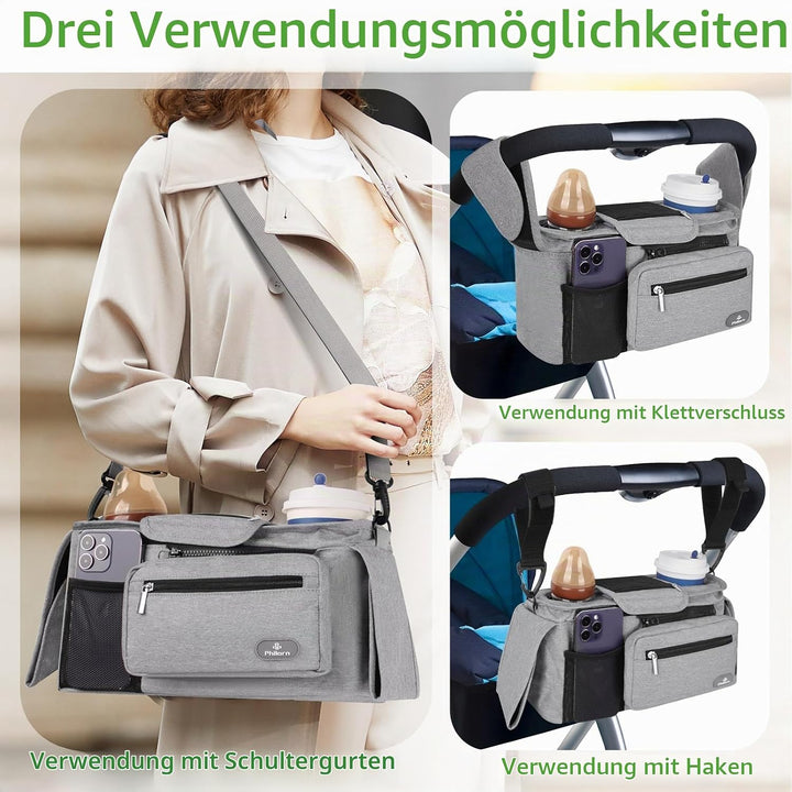 Philorn Kinderwagen Organizer mit Isolierten Getränkehalter/Kaffeehalter, Universal Buggy Kinderwage