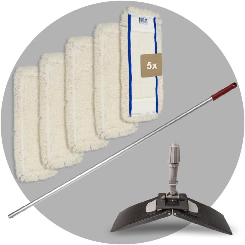 Bodenwischer Set Moppstange Aluminium mit Rändelhandgriff + Klapphalter & 5X Baumwollmopp Bezug 50cm
