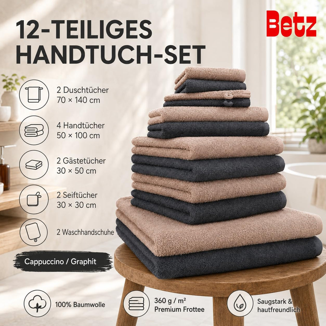 Betz 12 TLG. Handtuch Set Berlin 100% Baumwolle 2 Liegetücher 4 Handtücher 2 Gästetücher 2 Seiflappe