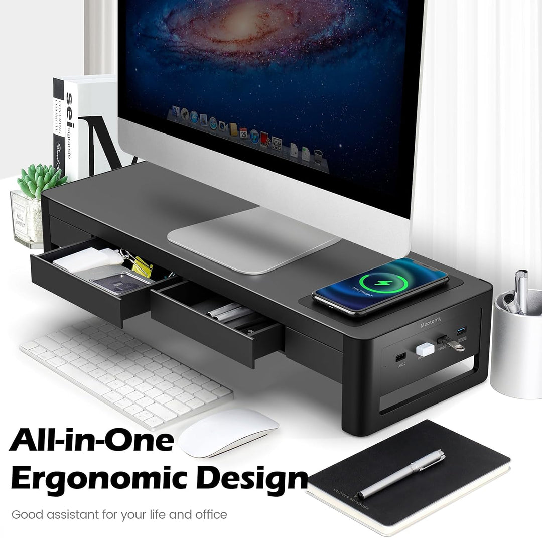 meatanty Monitorständer, 3 in 1 Monitorständer mit USB-Anschlüssen, kabellosem Ladegerät und Schubla