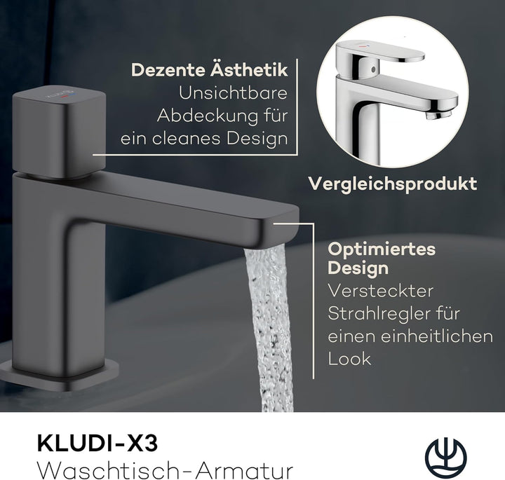 KLUDI-X3 Waschtischarmatur Kaltwasser, Auslaufhöhe 80 mm, wassersparender Wasserhahn Bad Schwarz Mat