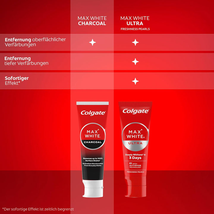 Colgate Zahnpasta Max White Charcoal, 12 x 75ml - Zahncreme mit Aktivkohle, entfernt bis zu 100% der