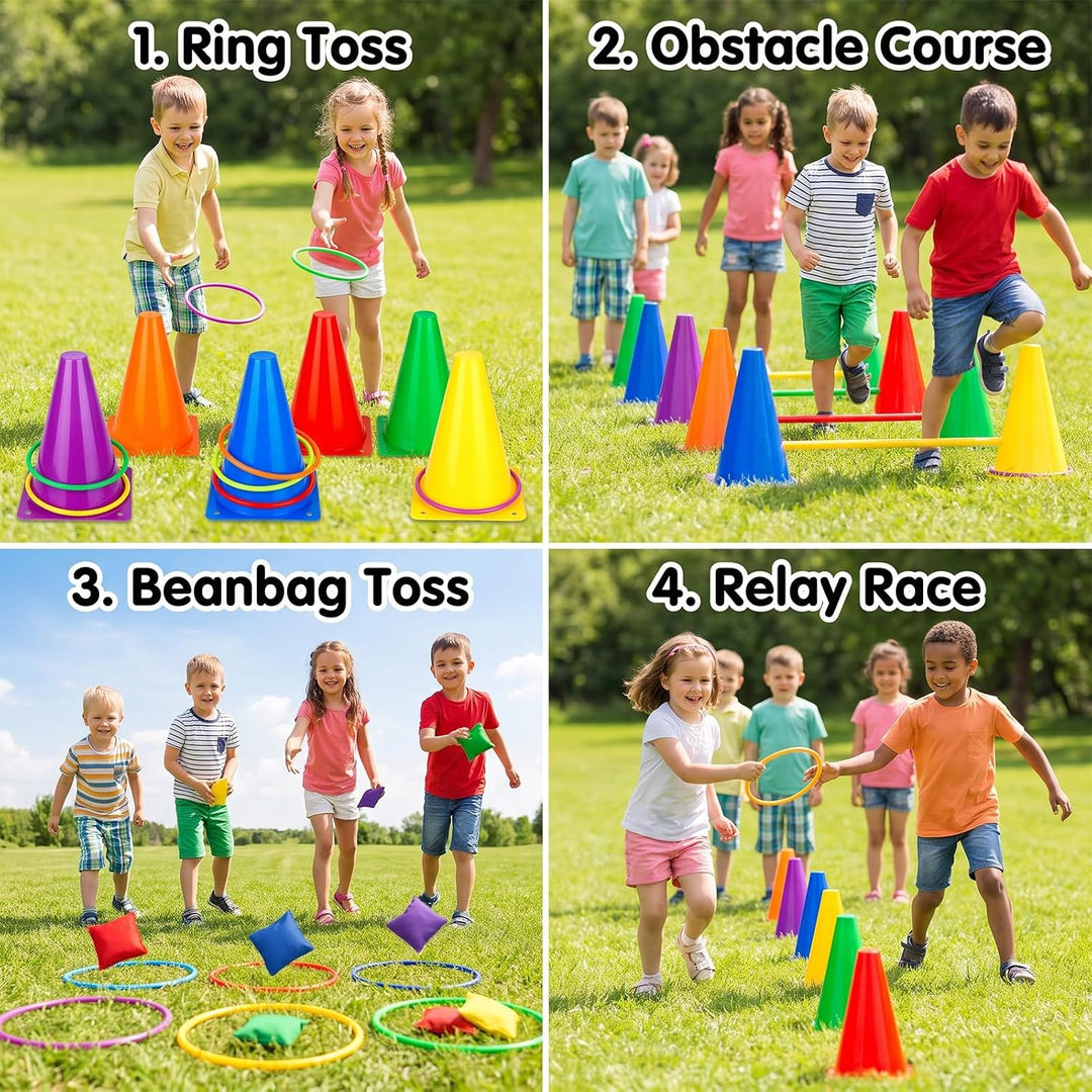 LAMEK Outdoor Spiele für Kinder Pylonen Cornhole Spiel Ringwurfspiele, Gartenspielzeug 3 in 1 Wurfsp