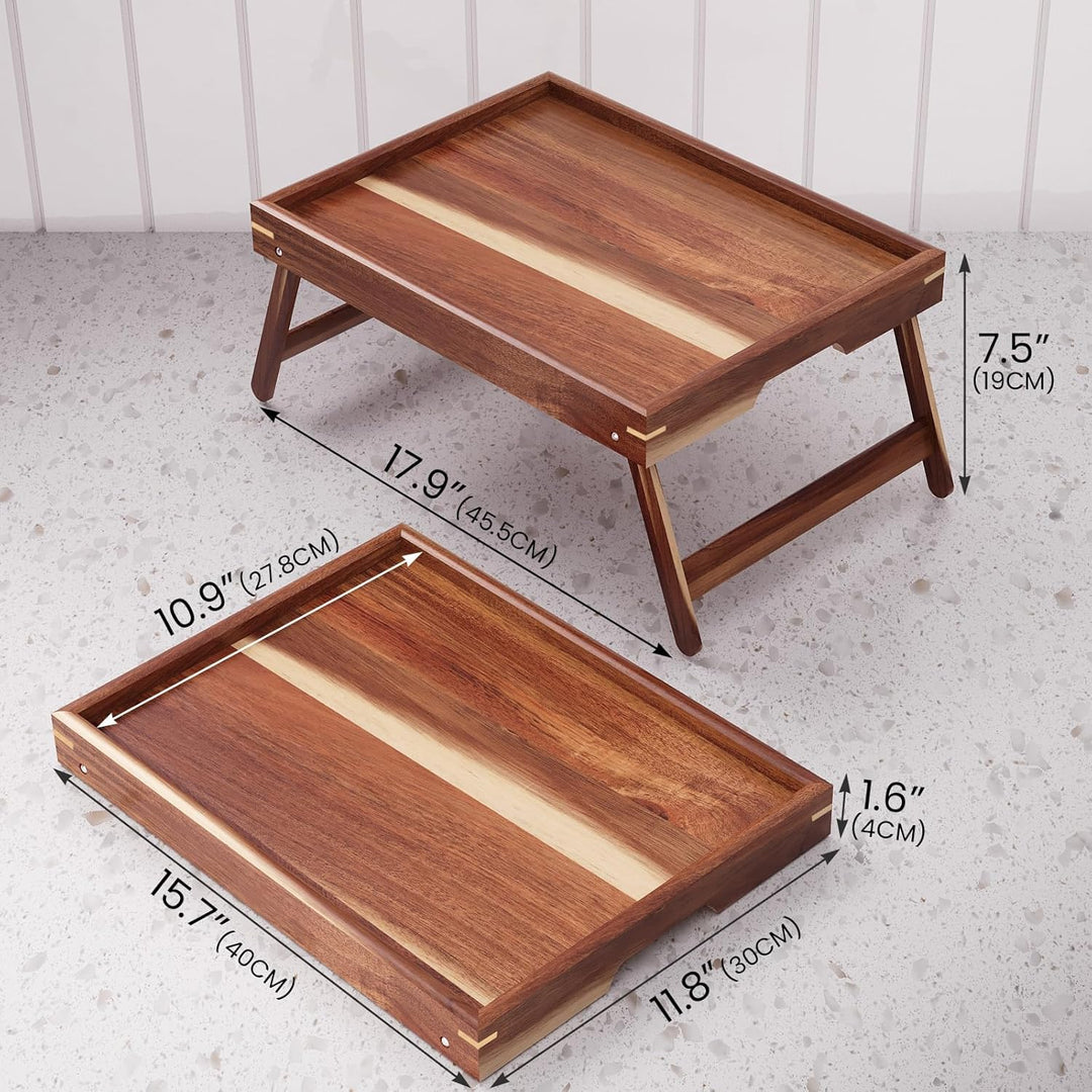 2er Pack Betttablett mit klappbaren Beinen,Akazienholz Frühstückstabletts,Serviertablett Betttisch f