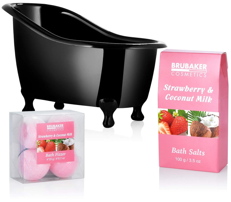 BRUBAKER Cosmetics Bade-Geschenkset Erdbeer Kokosnuss mit Deko Badewanne Schwarz 9-teilig Erdbeer &