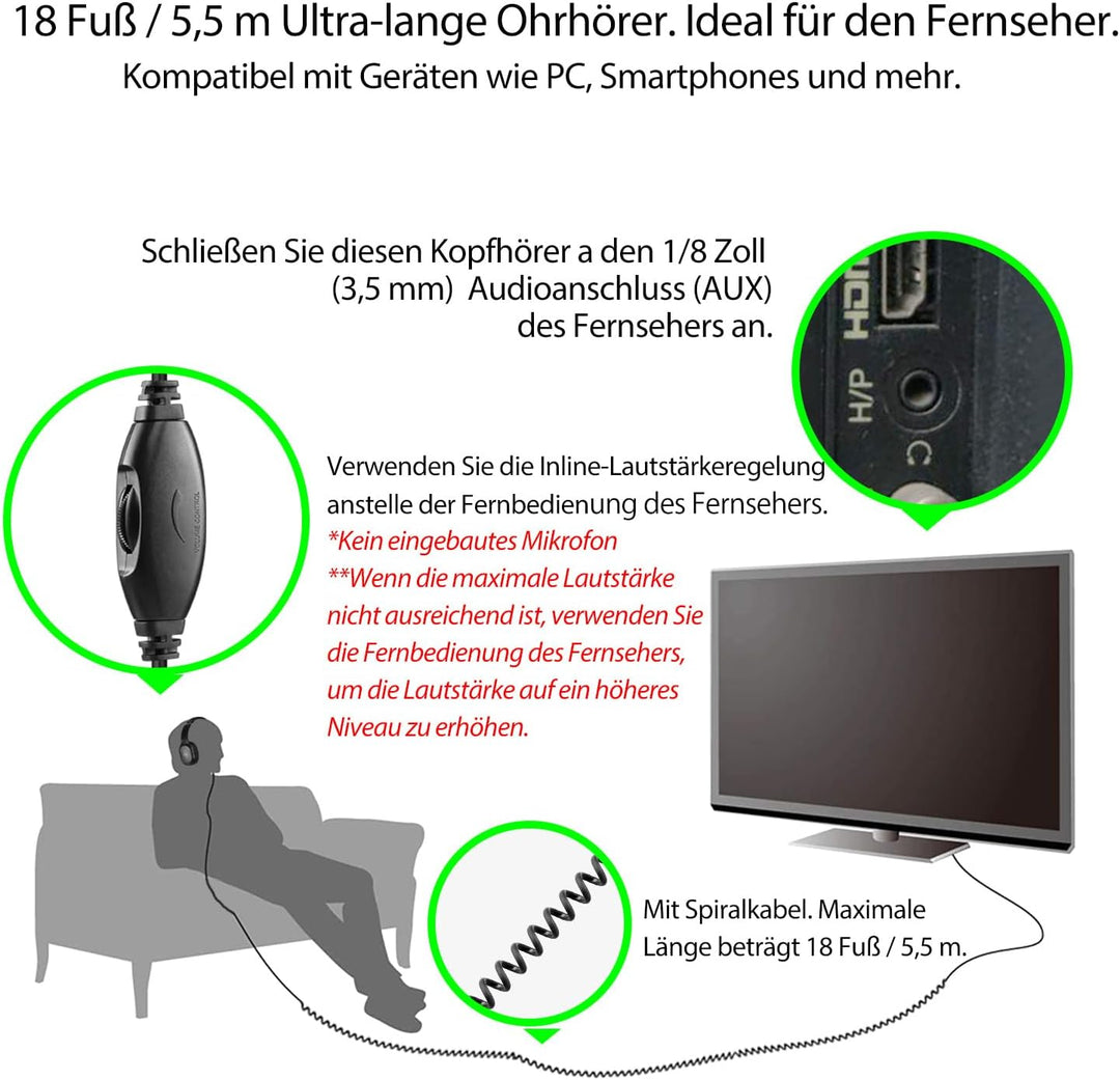 Extra lange Kabel-Kopfhörer für TV und PC mit Lautstärkeregler, 5,5 m Verlängerungsfeder, Spiralkabe