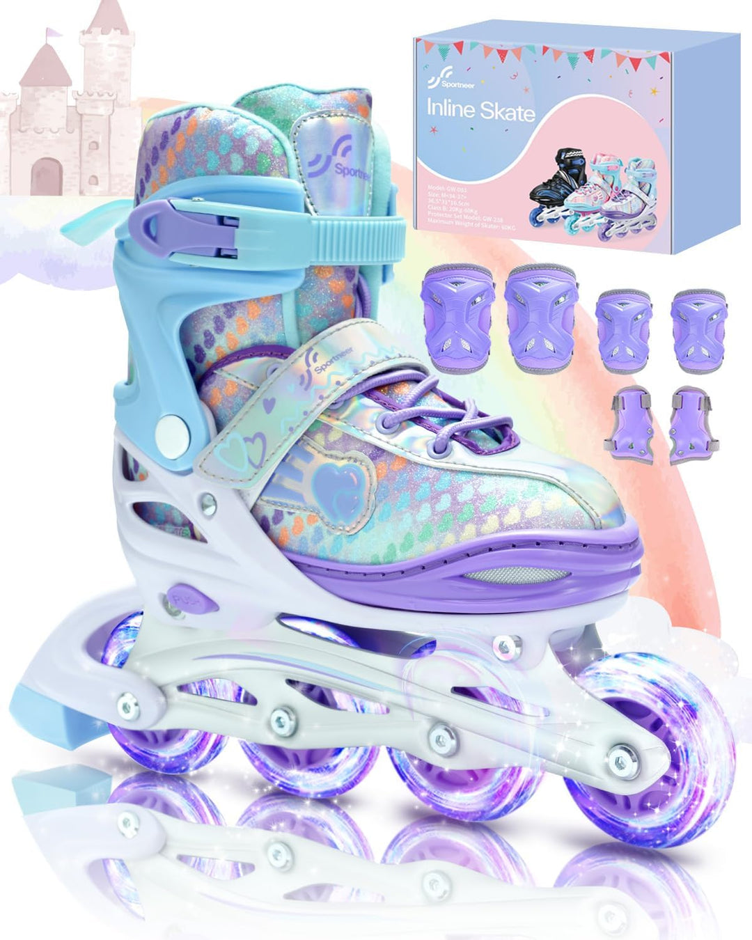 Inliner für Kinder 34-41 Verstellbar, Sportneer Inline Skates Mit 6er Protektoren Setfür Kinder Mädc