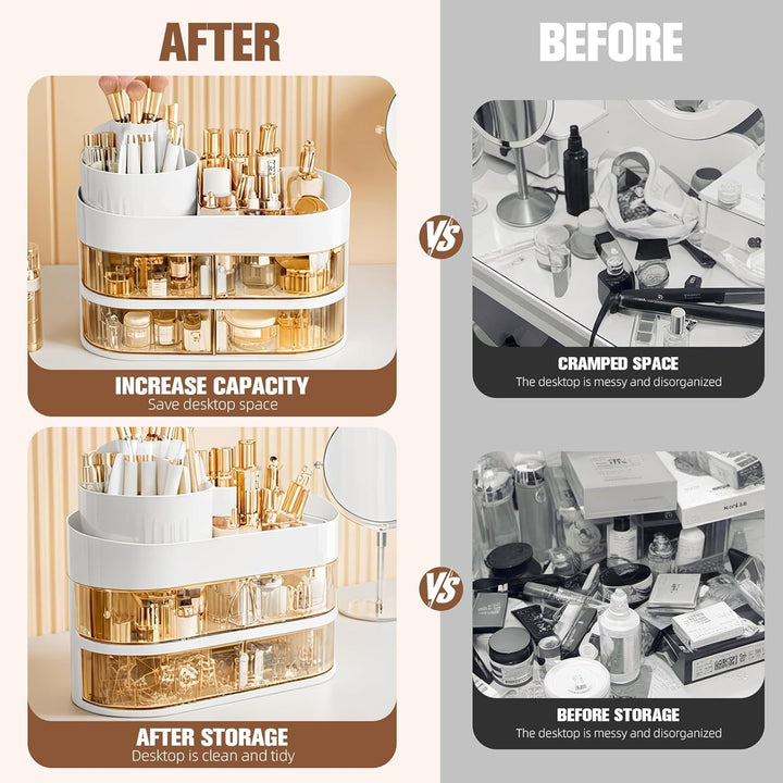 FoiiLiio Make Up Kosmetik Organizer mit Drehbarer Schubladen, Beauty Makeup Organizer Schminktisch,