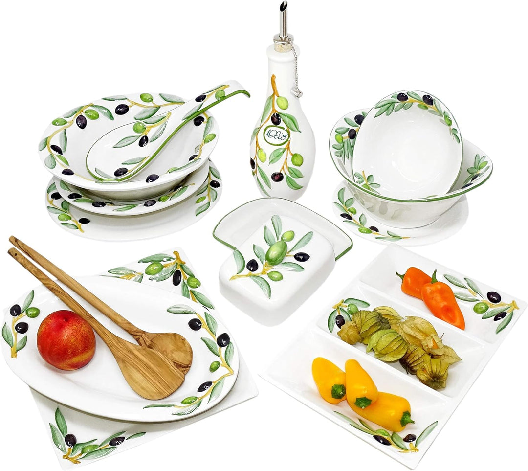 Lashuma 2er Set Kombiservice Olive, Tiefer Suppenteller 23 cm und Servierplatte 27 x 27 cm, Handgema