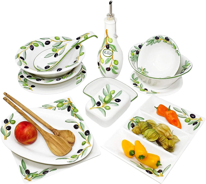 Lashuma 2er Set Kombiservice Olive, Tiefer Suppenteller 23 cm und Servierplatte 27 x 27 cm, Handgema