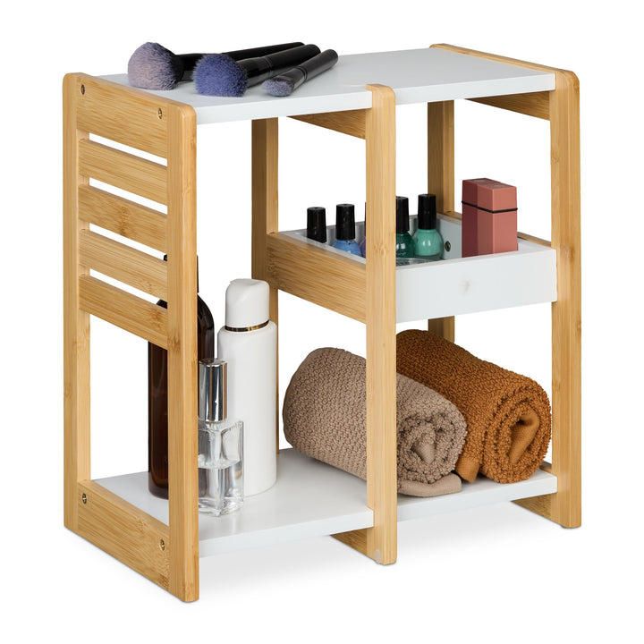 Relaxdays Badregal, 3 Ablagen, HxBxT: 35x34x20 cm, Tischregal für Badezimmer & Küche, Bambus, MDF, n