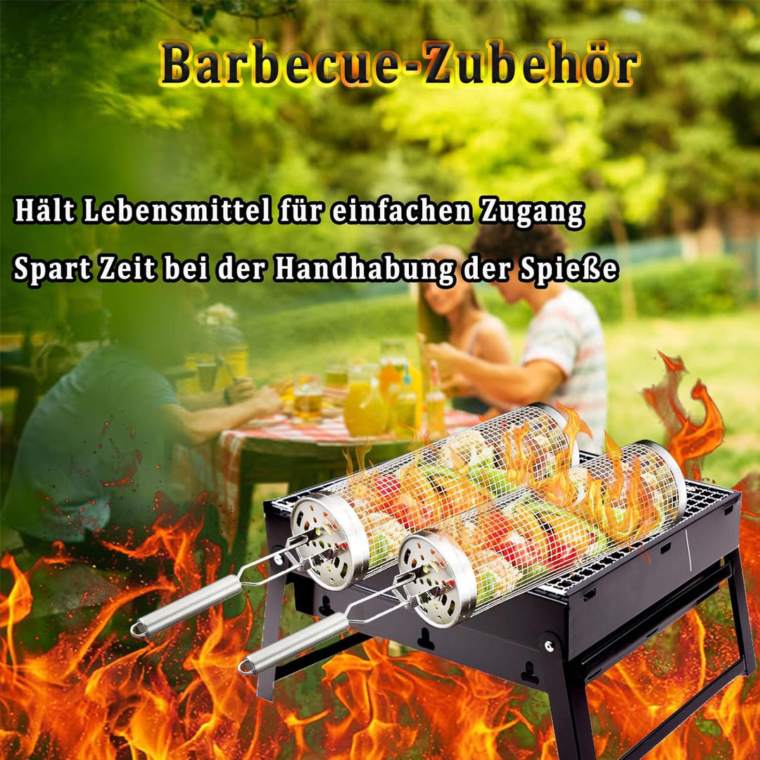 2 Stück Grillkorb Edelstahl mit Abnehmbarem Griff, Grill Zubehör BBQ GrillgemüSe Grillkorb Zylindris
