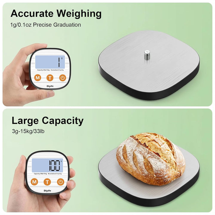 Diyife Aufladen Digitale Küchenwaage 15kg mit Geteilt LCD-Display, Grammwaage Hochpräzise 1g, 304 Ed