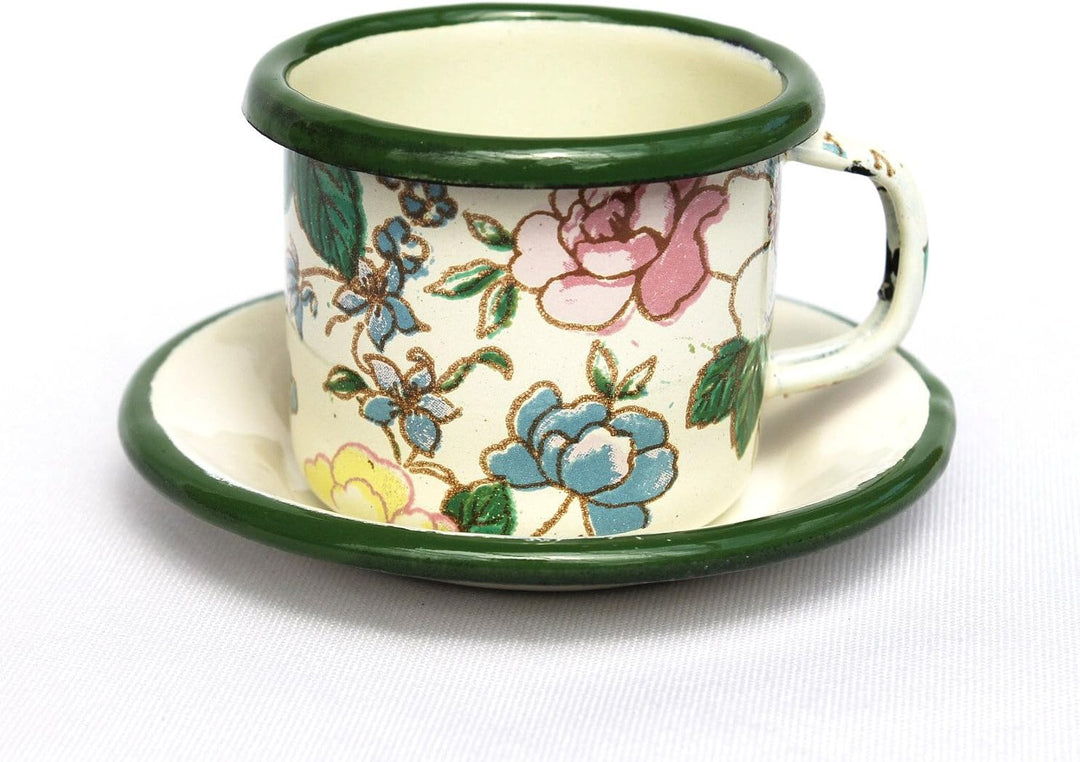 Emaille Tasse mit Untertasse BsB 11/61 Volldekor emailliert 5 cm Kaffeebecher, Volldekor