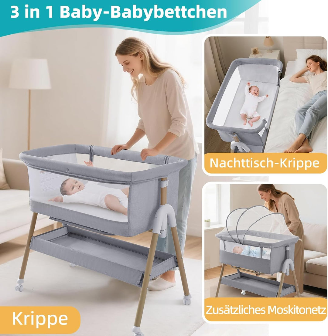 3 in 1 Beistellbett Baby, Tragbar reisebett Baby mit matratze Höhenverstellbar Bettchen Verstellbare