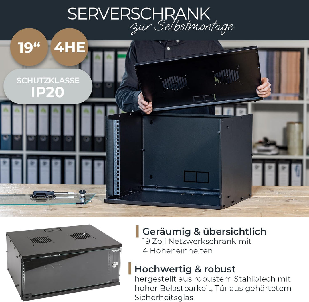 HMF 65704-02 Netzwerkschrank, Serverschrank 19 Zoll | 4 HE | 400 mm Tiefe | Glastür | Schwarz 4 HE S