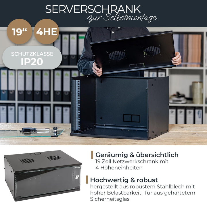 HMF 65704-02 Netzwerkschrank, Serverschrank 19 Zoll | 4 HE | 400 mm Tiefe | Glastür | Schwarz 4 HE S