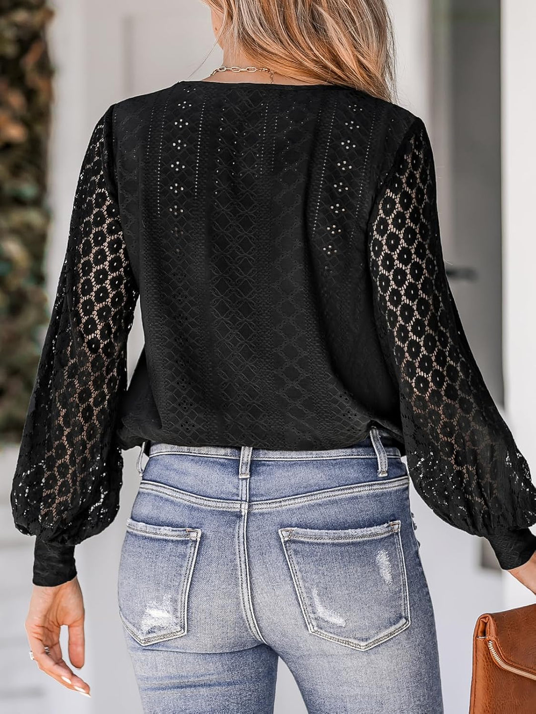 CUPSHE Damen Blusen V-Ausschnitt Spitzen Wellenkante Puffärmel Langarmshirt Lässige Lace Oberteile T