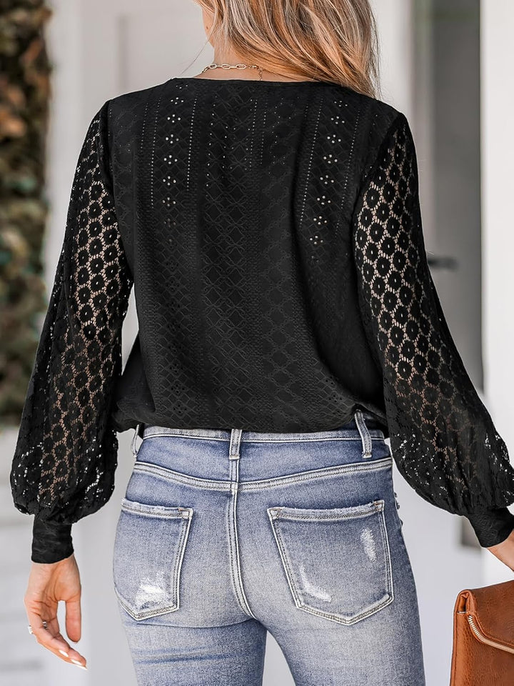 CUPSHE Damen Blusen V-Ausschnitt Spitzen Wellenkante Puffärmel Langarmshirt Lässige Lace Oberteile T