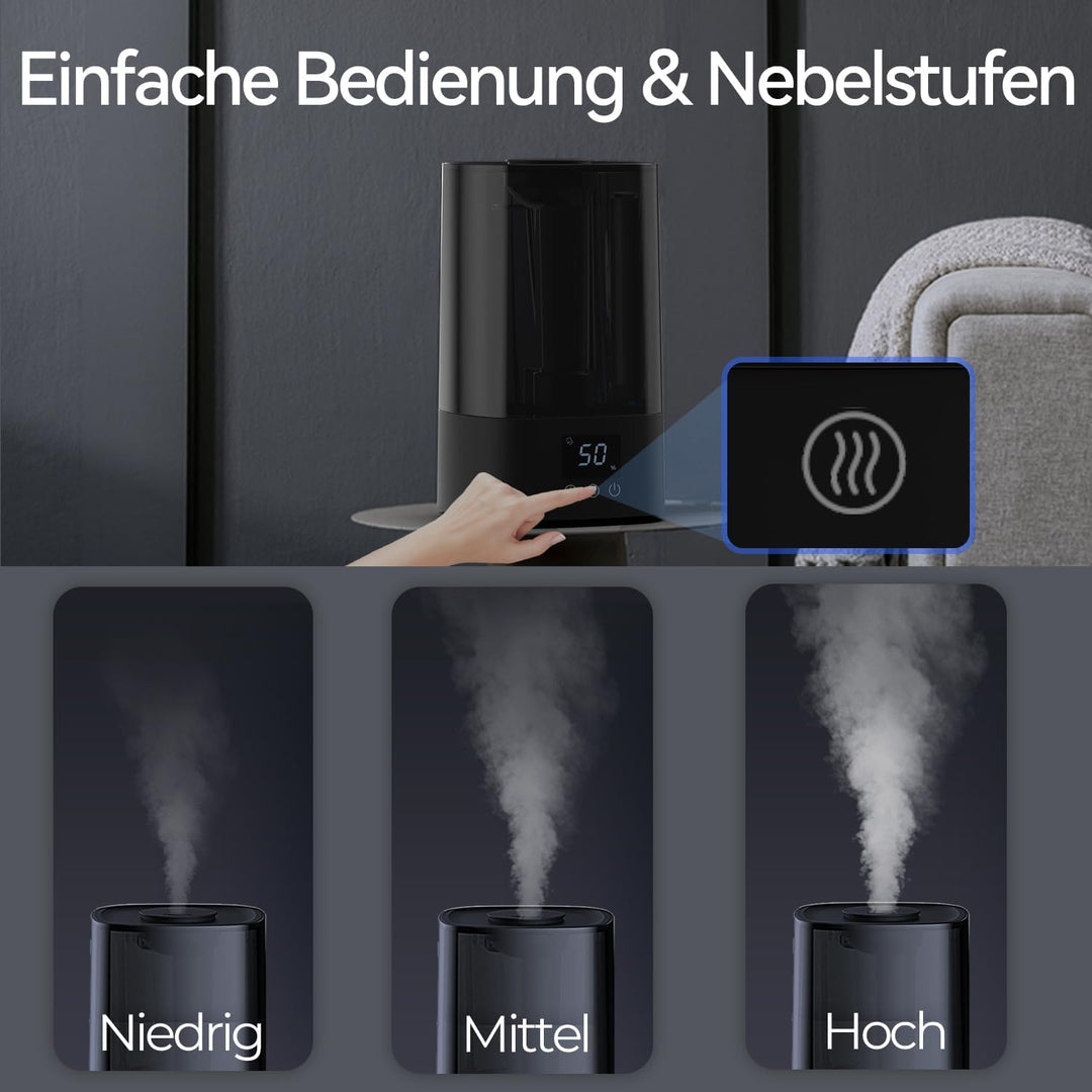 Automatischer Luftbefeuchter für Schlafzimmer & grosse Räume, 4,5L Kaltnebel-Befeuchter mit Timer &