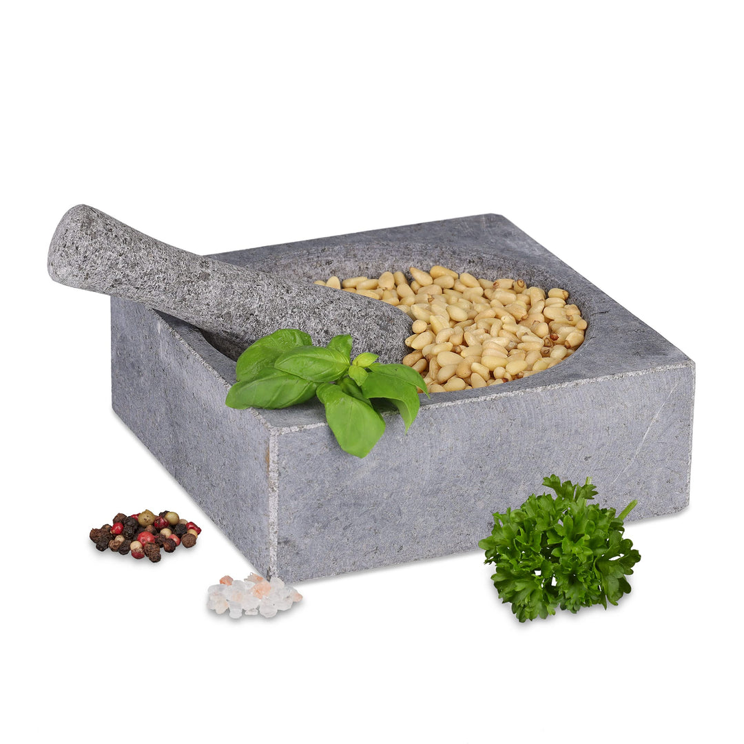 Relaxdays Mörser mit Stössel, Granit, HBT: 6,5 x 18,5 x 18,5 cm, poliert, langlebig, Steinmörser Gew