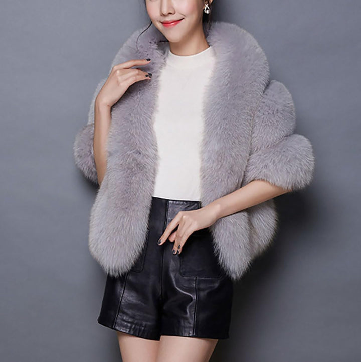Damen Mode Herbst Schal Stola Winter Umhang Poncho Cape aus Kunstfell Jacke Mantel Brautkleid Grau E