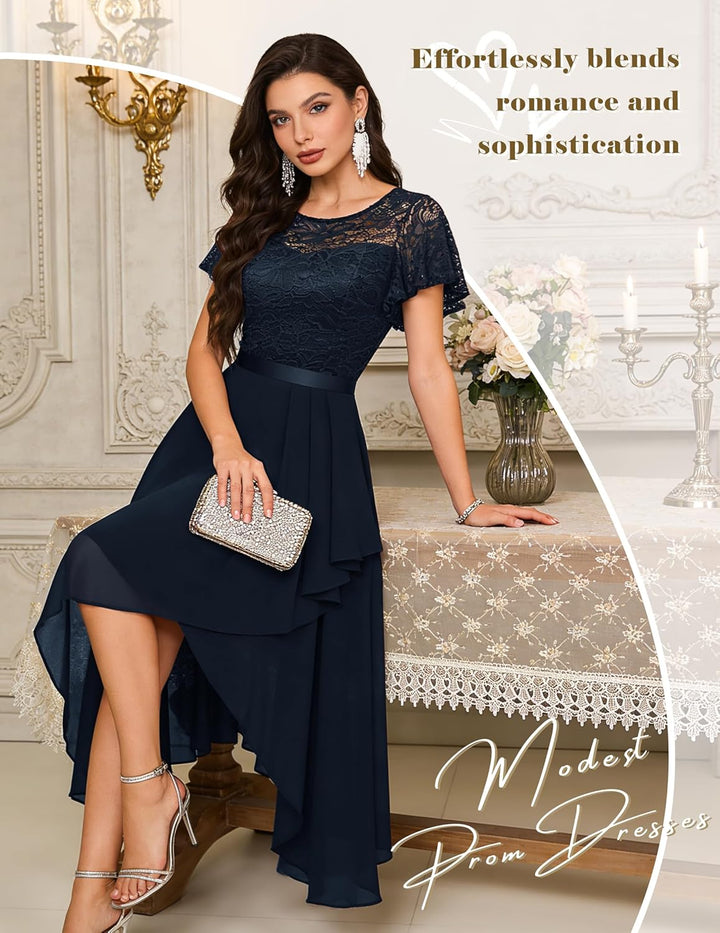Wedtrend Abendkleid Damen Elegant Cocktailkleid High Low Ballkleider mit Spitzen A Linie für Hochzei