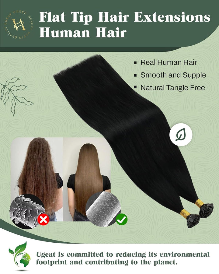Ugeat 55cm Flat Tip Extensions Echthaar 1g/Strähnen Keratin Bonding Extensions Echthaar Dunkelstes S