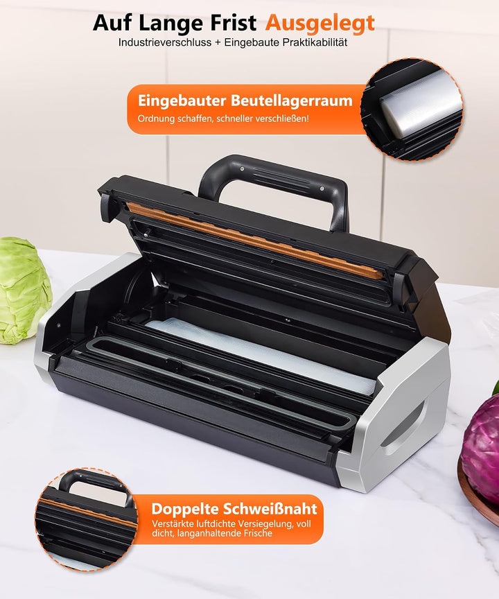 95kPa Vakuumiergerät mit doppelter Schweissnaht 10-IN-1 Profi-Vakuumierer | Inkl. 1 Rollbeutel, 15 F